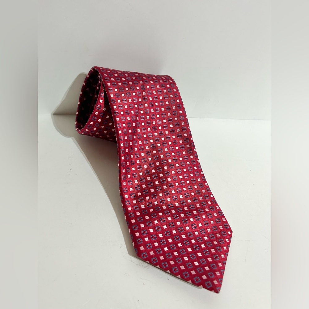 Nordstrom 100% Silk Tie Mens Red Pink Blue Squares Necktie USA Classic Father